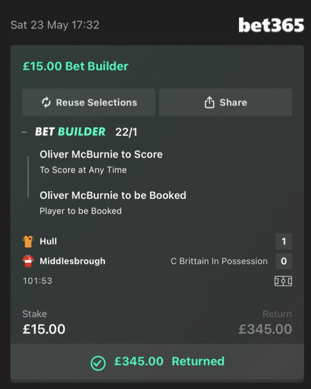 Winning bet builder 22/1 — £345.00