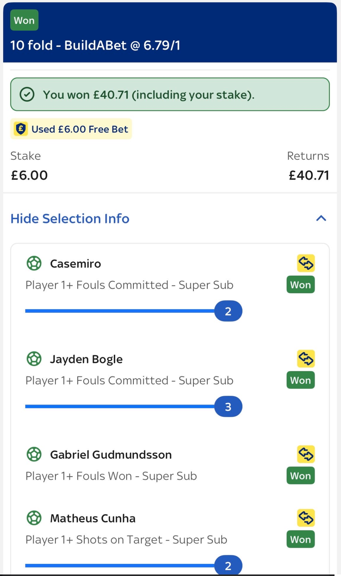 Winning 10-fold bet builder — £40.71