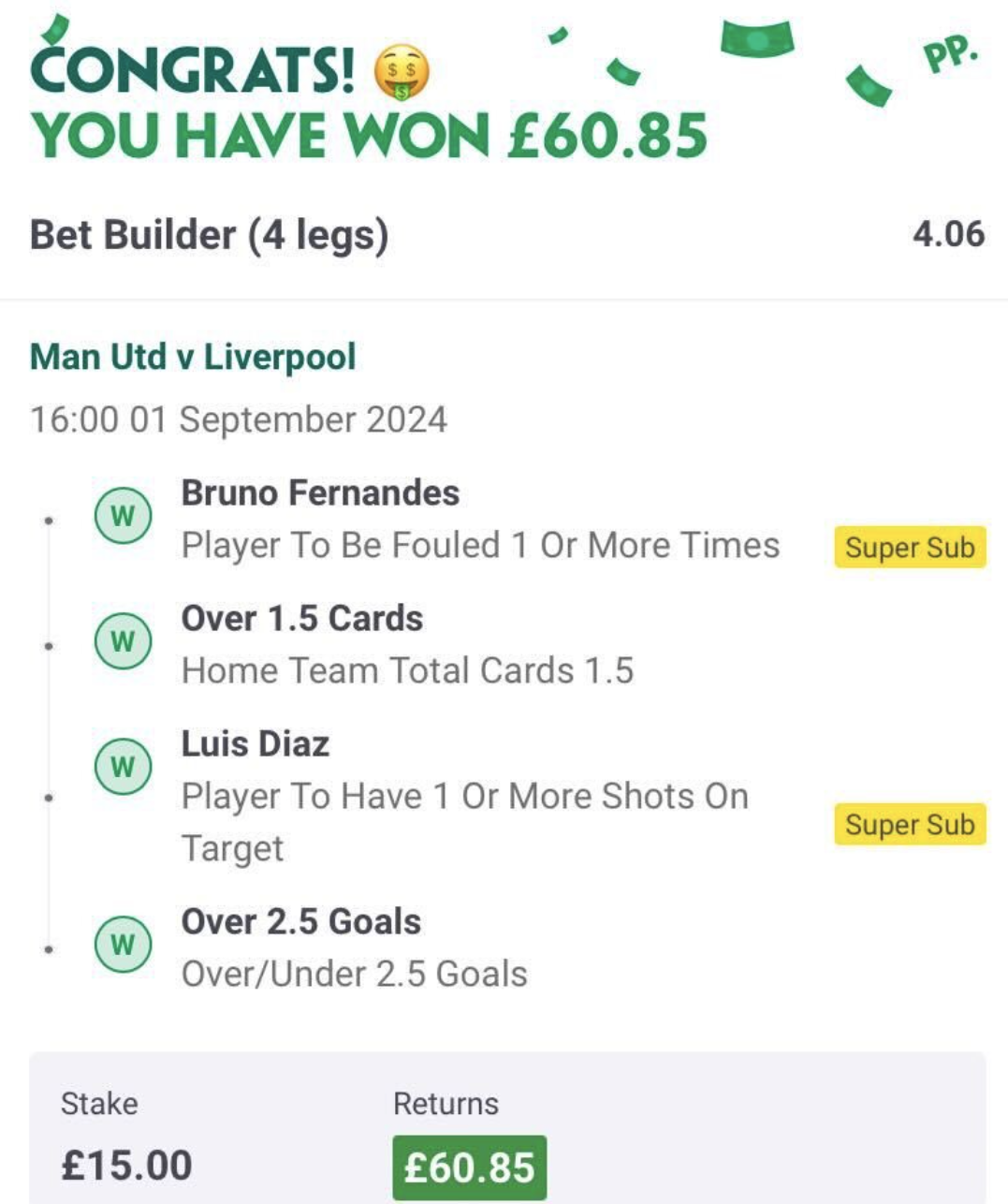 Winning 4-leg bet builder — £60.85