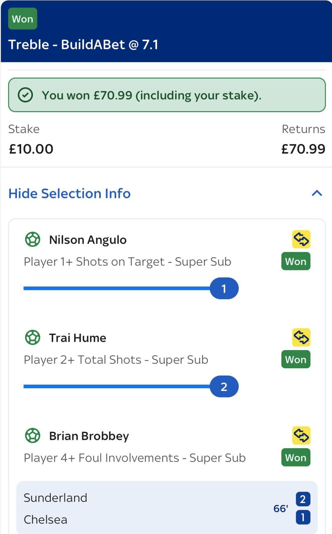 Winning treble bet builder — £70.99
