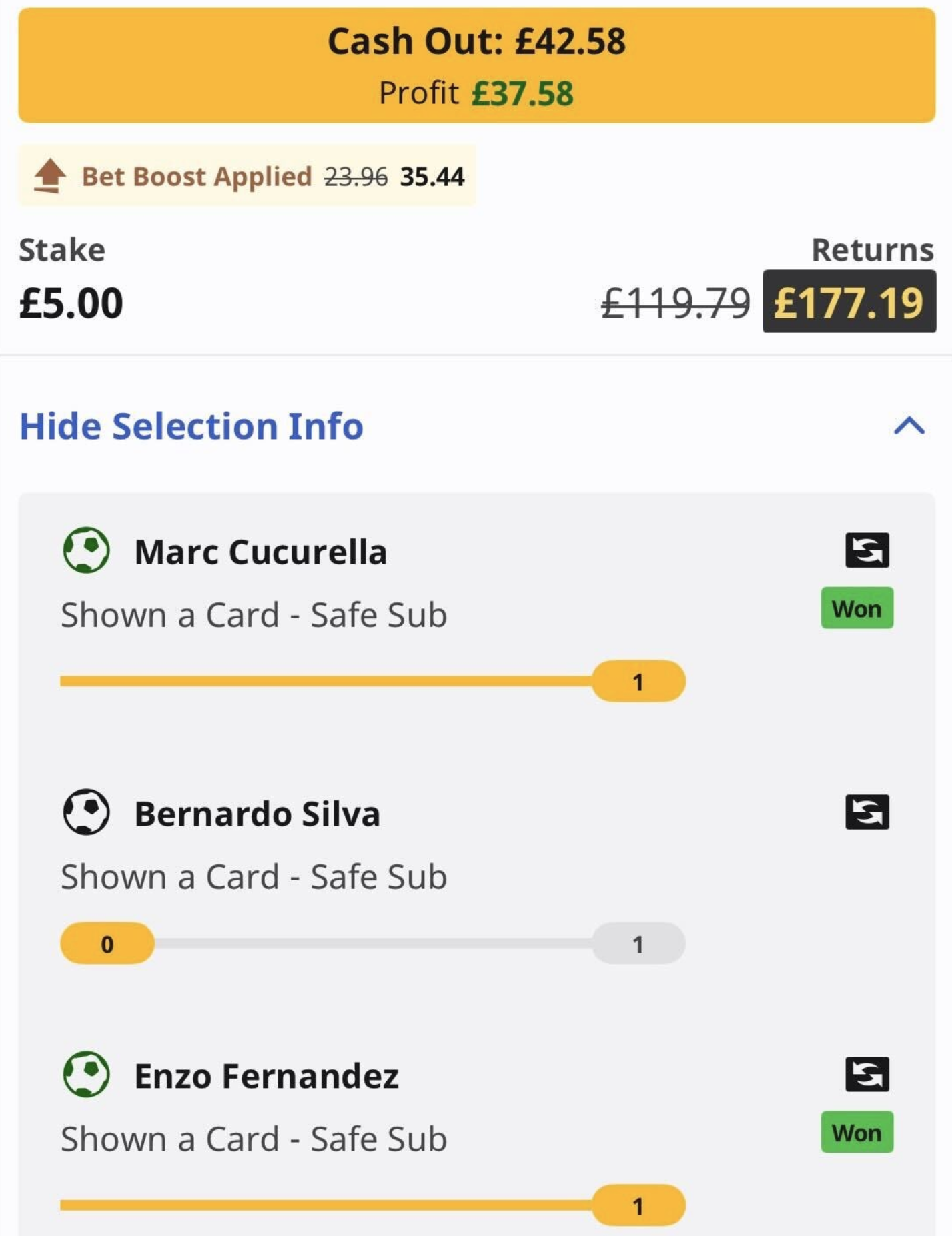 Winning boosted bet builder — cashed out £42.58