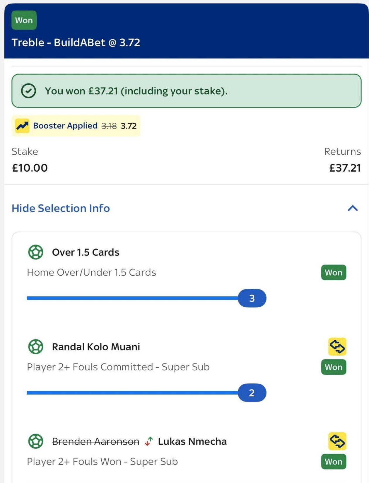Winning treble bet builder — £37.21