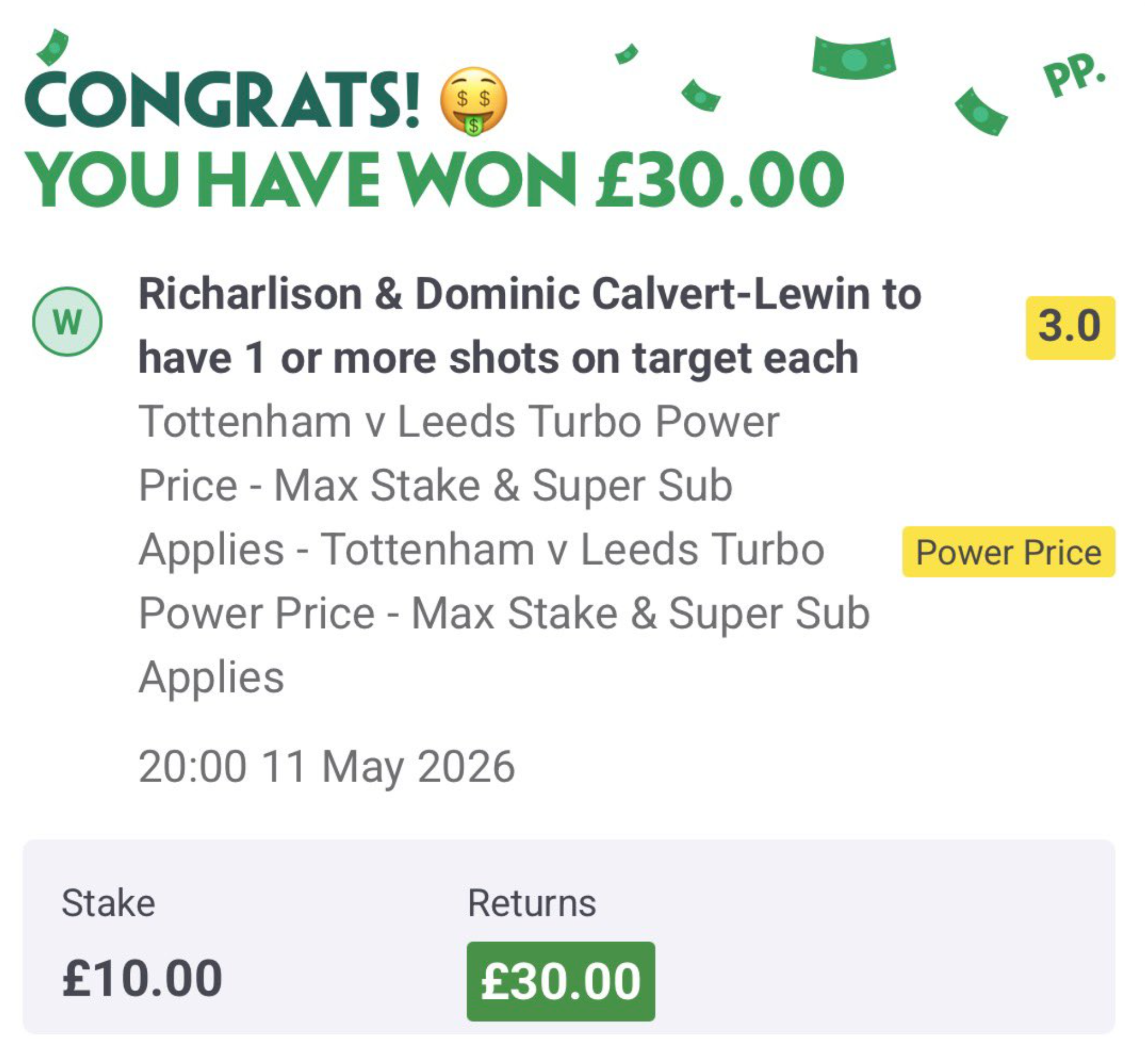 Winning power price bet — £30.00