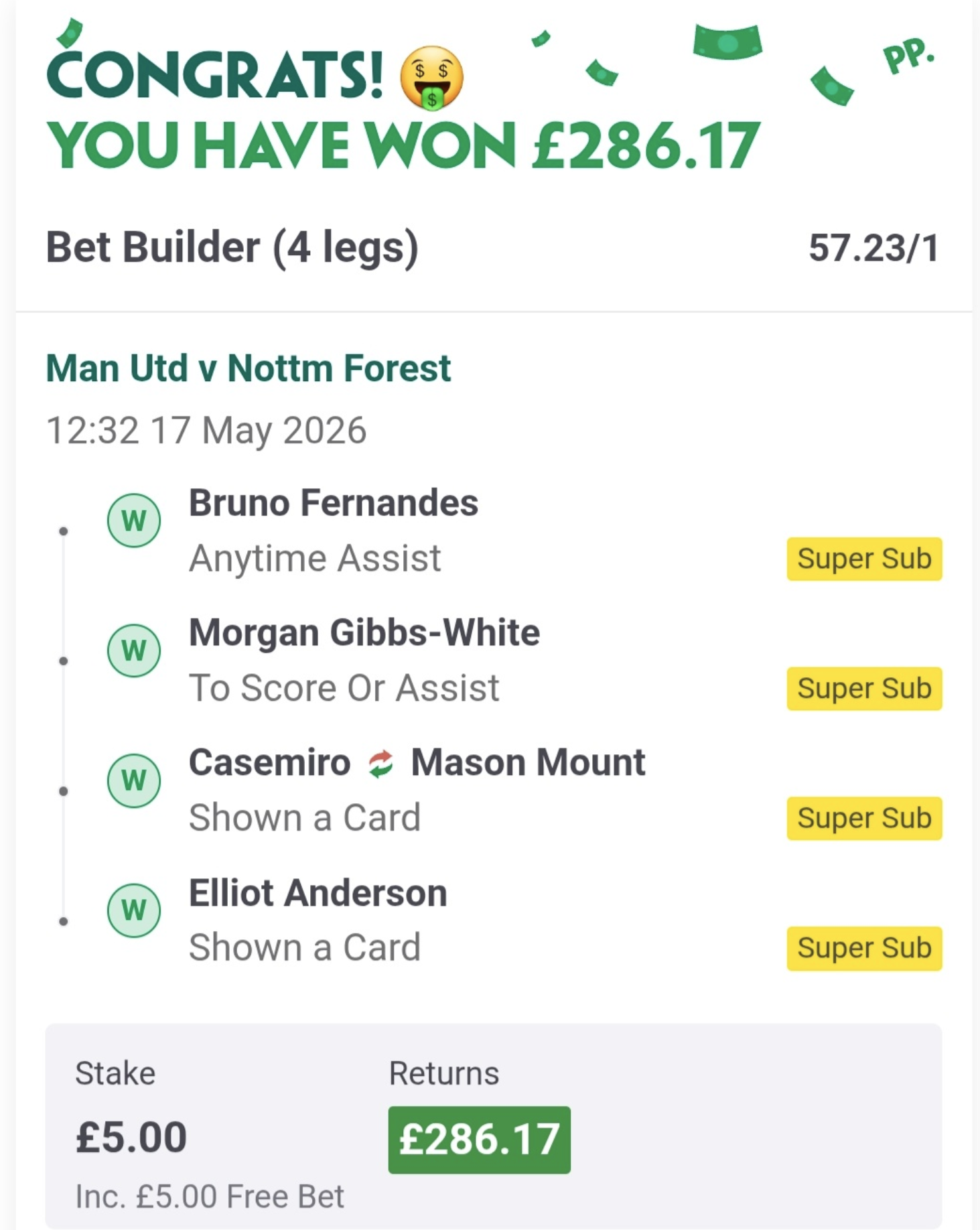 Winning 4-leg bet builder — £286.17