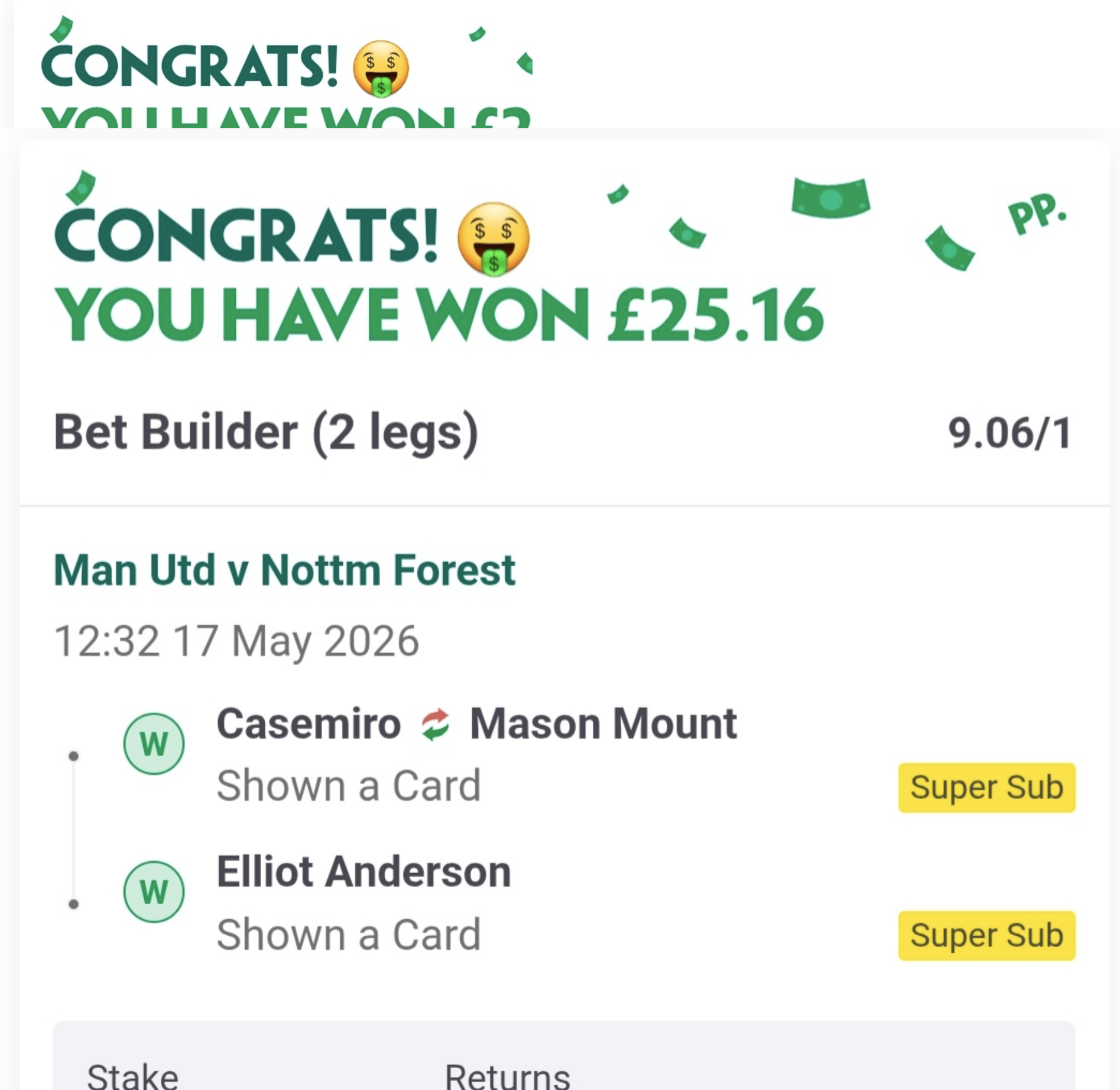 Winning 2-leg bet builder — £25.16