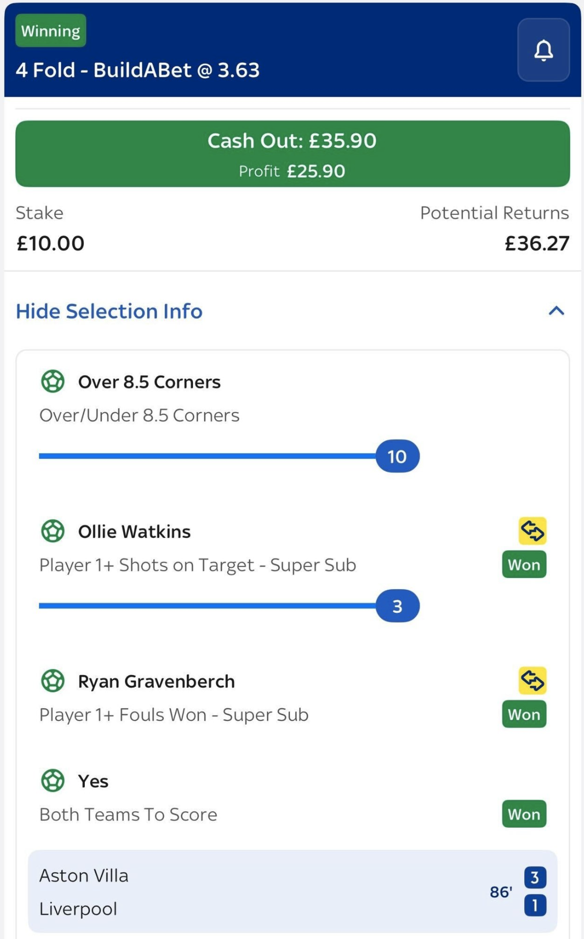 Winning 4-fold bet builder — cashed out £35.90