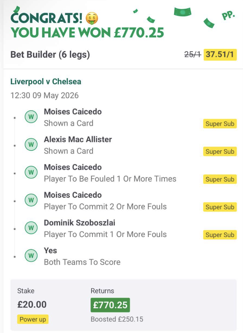 Winning 6-leg bet builder — £770.25