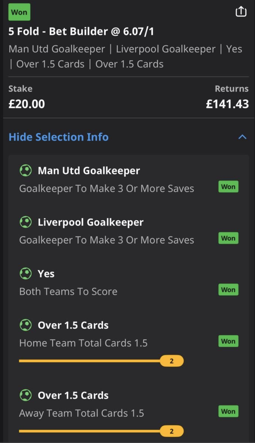 Winning 5-fold bet builder — £141.43