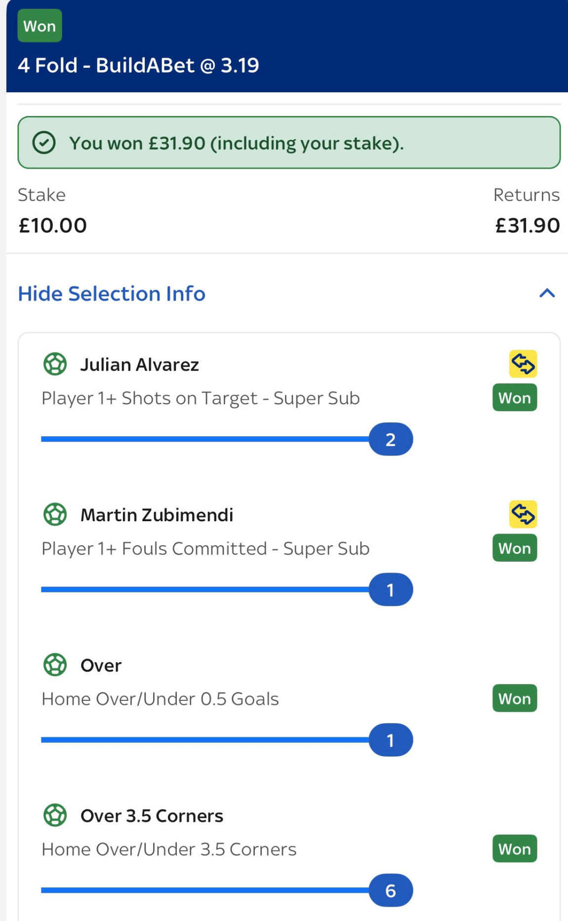 Winning 4-fold bet builder — £31.90