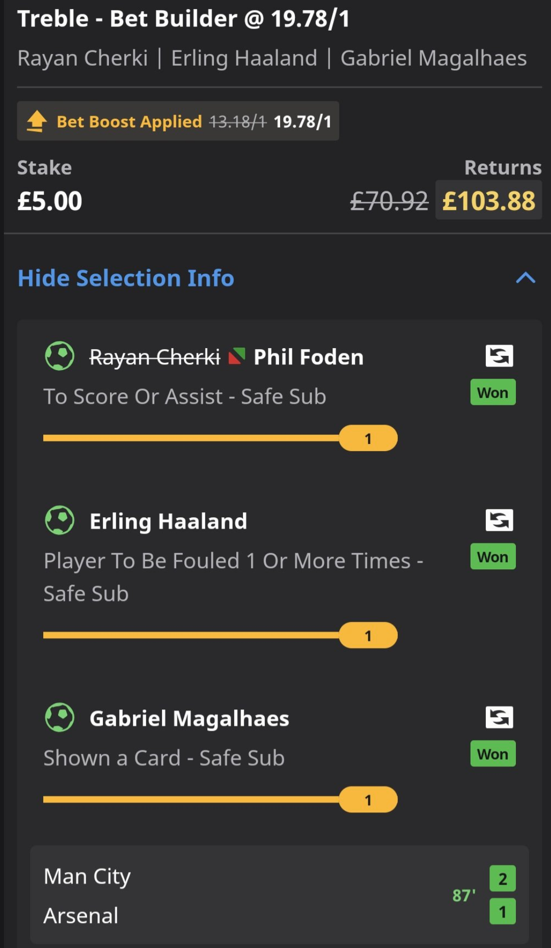 Winning treble bet builder — £103.88