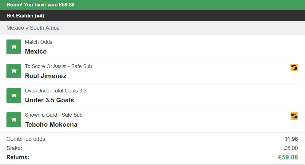Winning 4-leg bet builder on Mexico v South Africa — £5 stake returned £59.88 at combined odds of 11.98